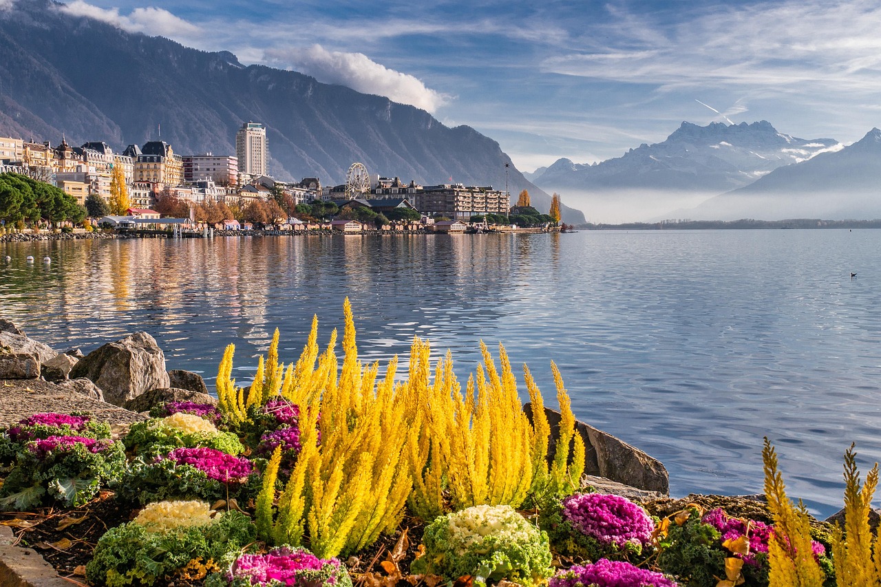 lake, mountains, landscape, montreux, switzerland, lake geneva, clouds, nature, water, travel, exploration